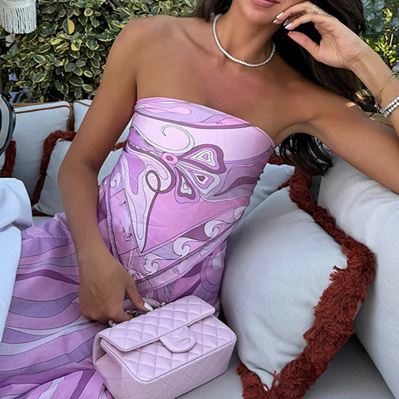 Lady Summer Chic Holiday Party Outfits Sexy Printed Strapless Top Skirts Suit Women Fashion Irregular Lace Up Pleated 2pc Sets