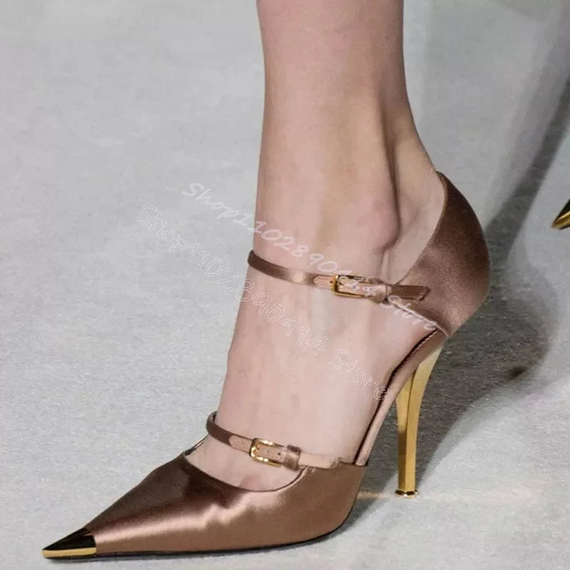 Elegant Sky Blue Silk Pointed Toe Pumps With Ankle Strap For Women