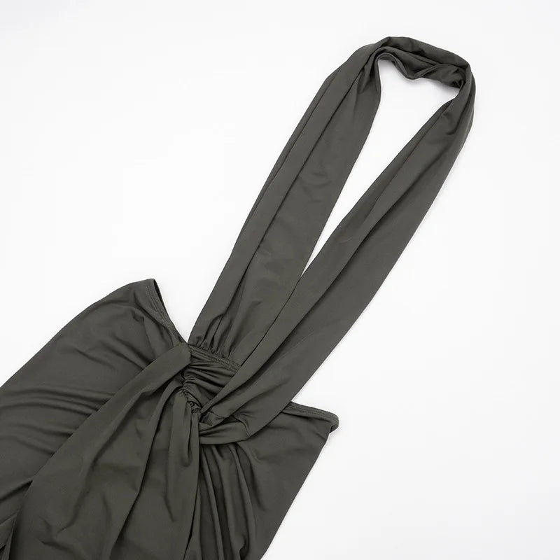 Weird Puss Elegant Halter Backless Dress Women Deep V-Neck Sleeveless Slit Irregular Party Banquet Activity Stretch Clubwear