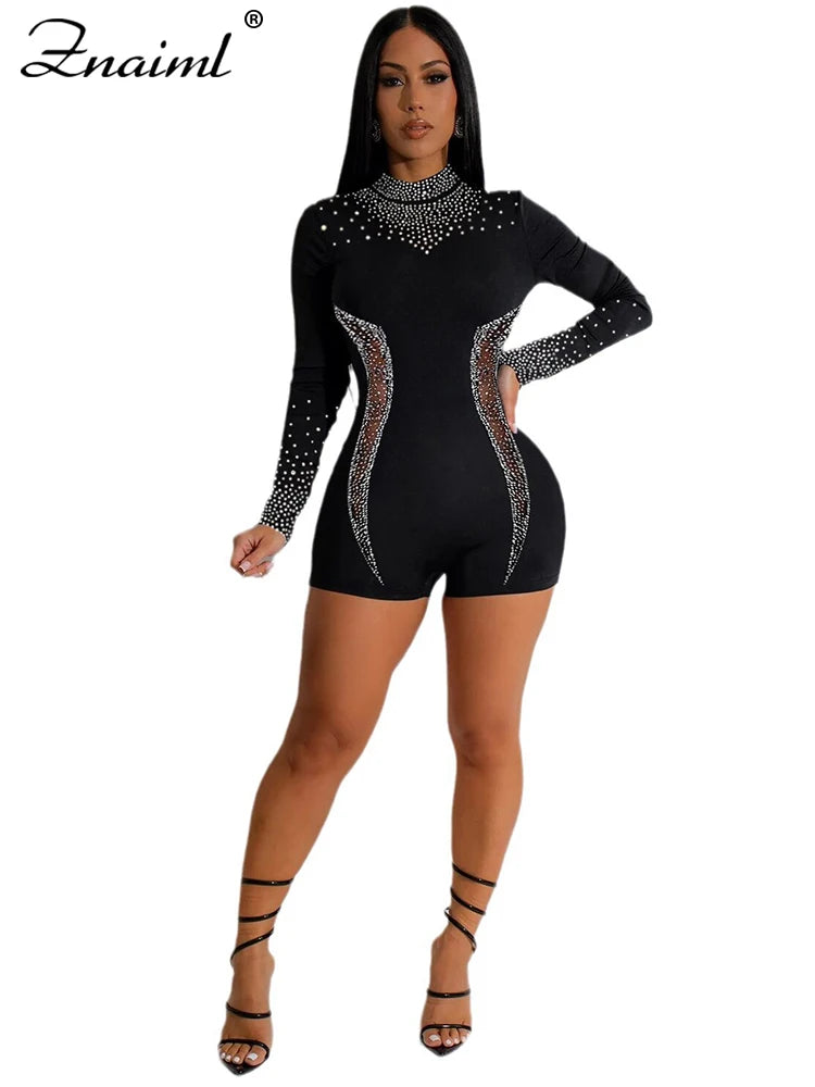 Znaiml Women's Long Sleeve O Neck Short Jumpsuit with Rhinestone Sheer See Through Stretch Bodycon for Nightclub Birthday Party