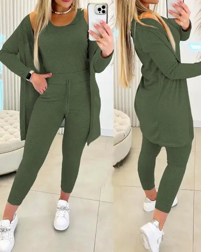 Long Sleeved Women's Pans Set Autumn New 2024 Fashion Casual Elegant Solid Round Neck Tank Top & Drawstring Trousers Suit