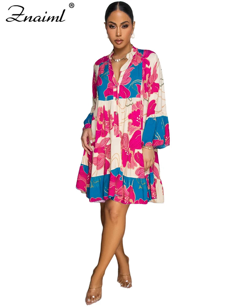 Znaiml Casual Long Sleeve Beach Short Dress for Women Boho Summer A-Line Floral Print Sundresses Y2k T-Shirt Mini Dresses 2025