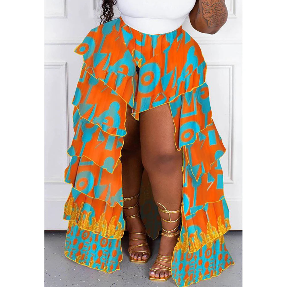 Plus Size Boho All Over Print Multi Layered Tulle Ruffle Irregular Hem Tiered Slit Skirt