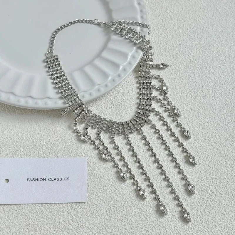 Luxury Crystal Exaggerated Water Droplet Tassel Necklace Women's Fashion Collarbone Chain
