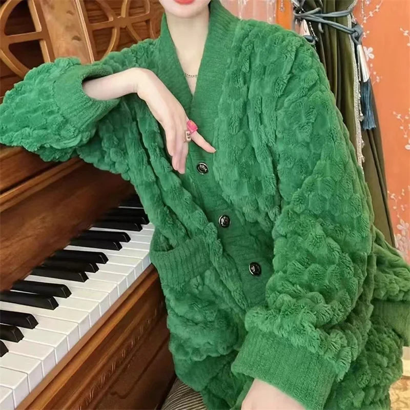 5XL Stripes Women's Flannel Cardigan Home Fur Solid Color Loose Coral Velvet Pajama Set Autumn/Winter Pants Two Piece Suit Red