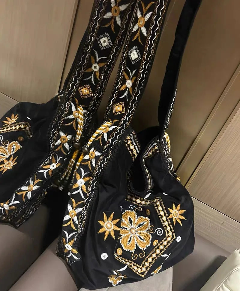 High Quality Original Design Velvet Embroidery Fringe Cloth Bag Shoulder Large Capacity Cross Body Tote Bags for Women