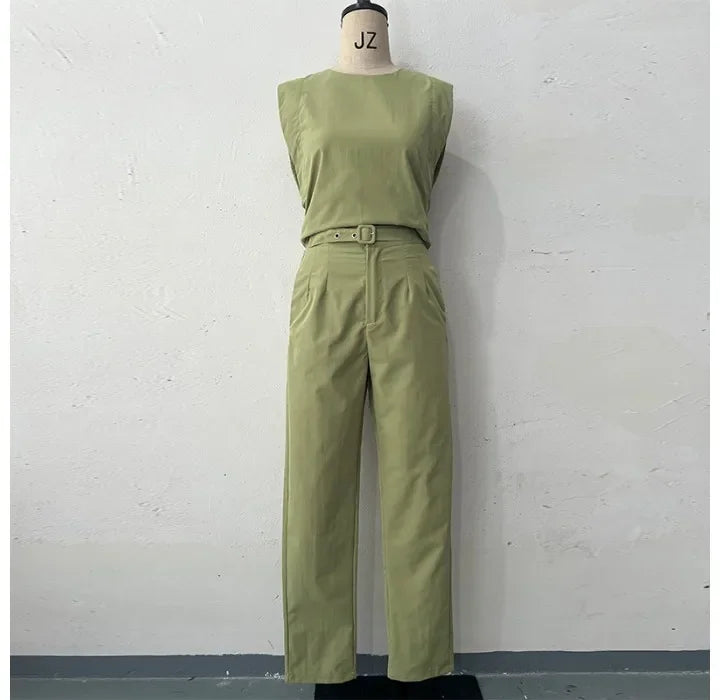 Fashion Women's Two Piece Set New Solid Round Neck Sleeveless Top and High Waist Pants Suit for Female Streetwear 2024 Summer