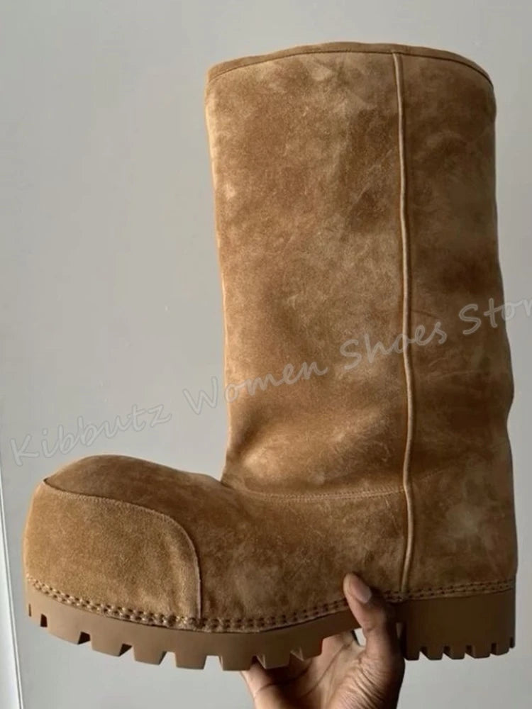Suede Warm Winter Snow Boots Knee High Big Round Toe Flat With Outdoor Fashion Concise Luxury Sexy Novelty Slip-On Shoes Newest