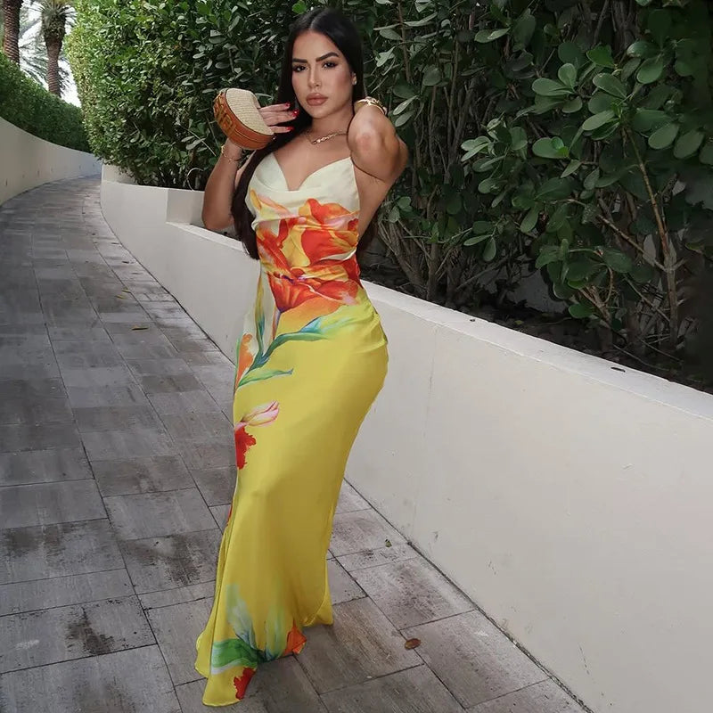 GLCMYAYA Women Floral Printed Bodycon Midi Backless Satin Maxi Long Dress 2025 Vacation Holiday Party Birthday Dresses Vestidos