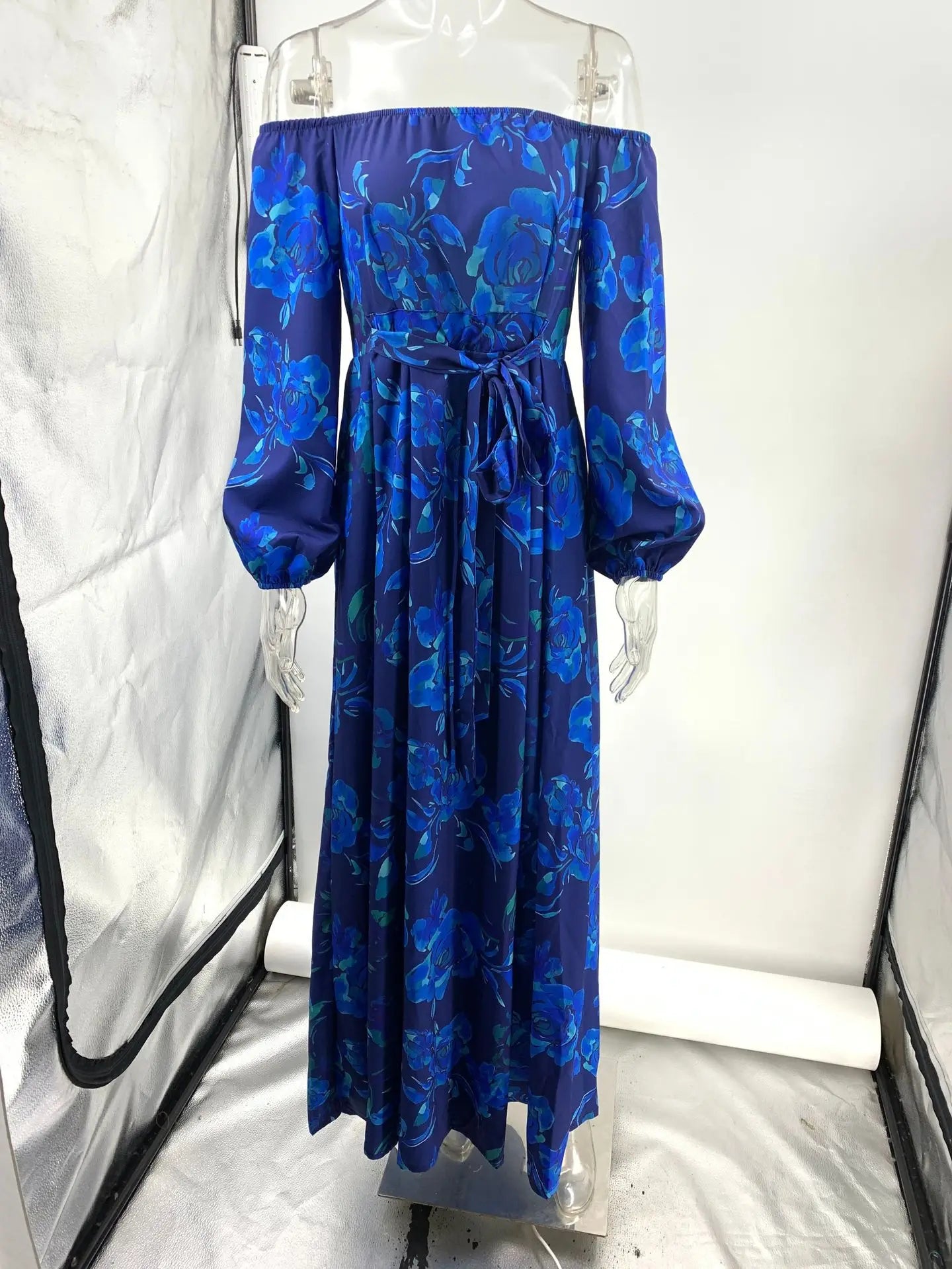 Vintage Pattern Print Long Dress Women Sexy Off Shoulder Long Sleeve Party Dress Fashion Waist Pleat Loose Hem Beach Dress