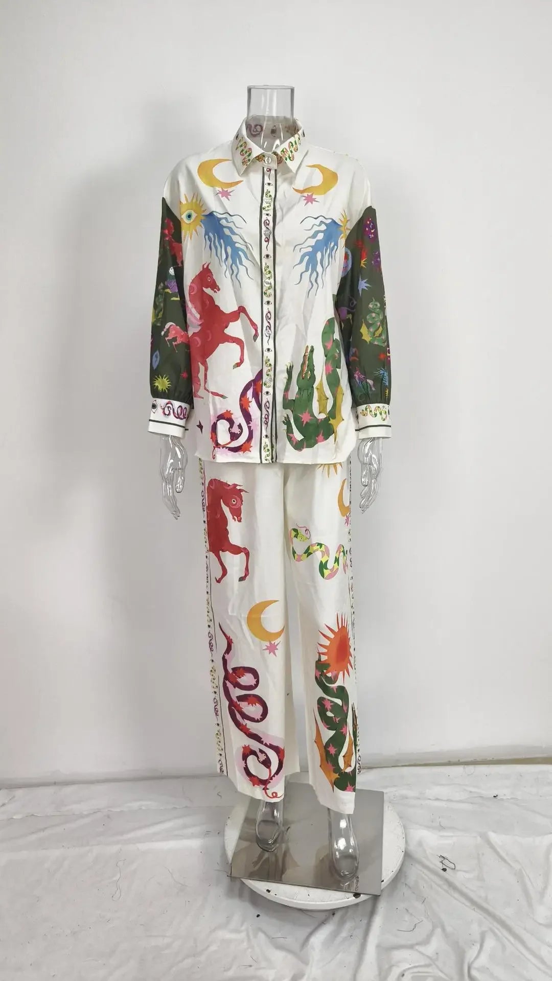 Long Sleeve Long Pant Sets Women Retro Lapel Single Breasted Blouses Trousers 2 Piece Set Printed Color-blocking Elastic Waist