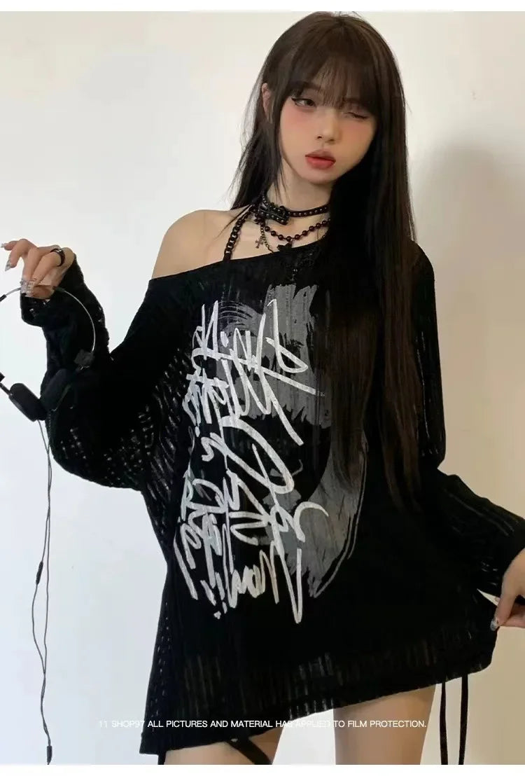 White Inner Long Sleeve T-Shirt Women's Graffiti Printing Sun Protection Cover Up Loose-Fit Knitted Top Pure Desire Top