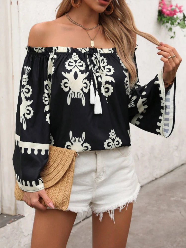Fashionable Spring Summer Striped Floral Print Split Sleeve Shirt Elegant Casual Women's Top