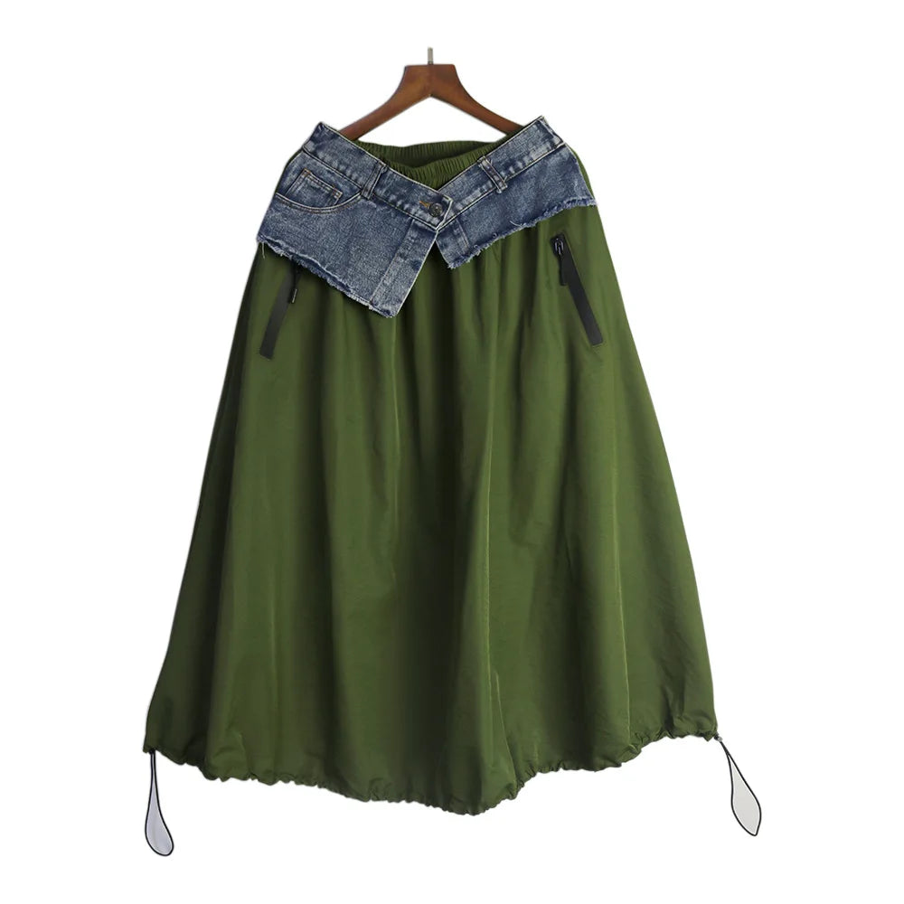 Casual Ankle-Length Spliced Denim with Contrast Color Skirt for Women