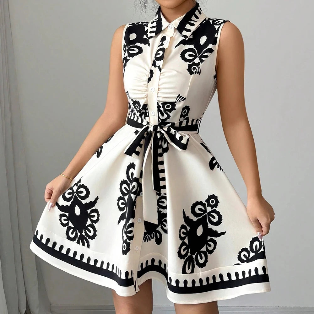 Plus Size Womens Printed Sleeveless Buttons A-Line Shirts Dress Summer Ladies Turn Down Collar Casual Holiday Sundress SizeS-2XL