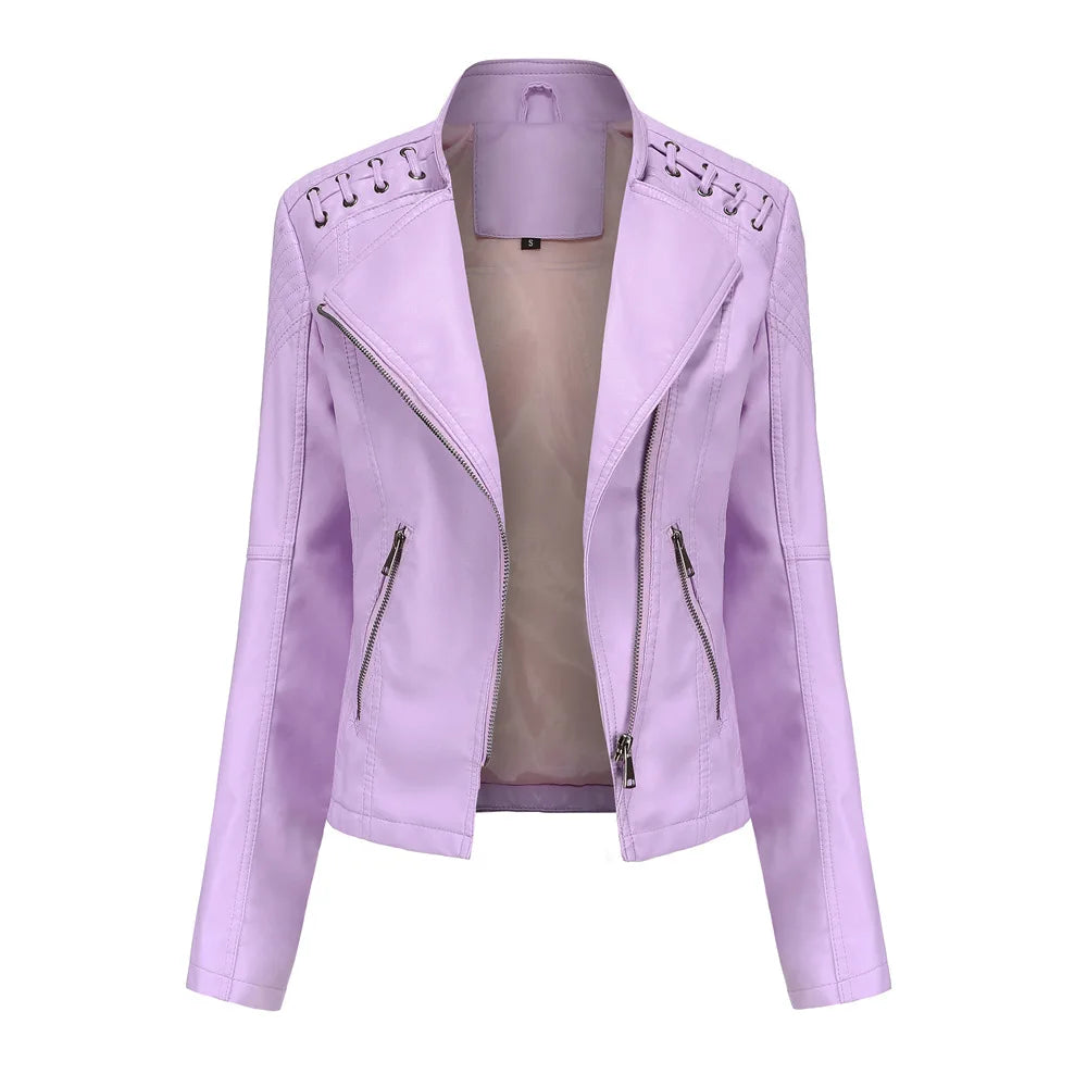 Spring Autumn Leather Jacket Women Slim Fit Motor Biker PU Leather Short Coat Stand Collar Ladies Zipper Outerwear 2024 New