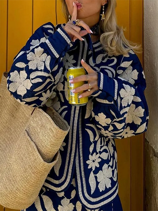 Women'S Retro Open Front Printed Embroidered Jacket, Lightweight Casual Long Sleeved Autumn Street Fashion Cardigan