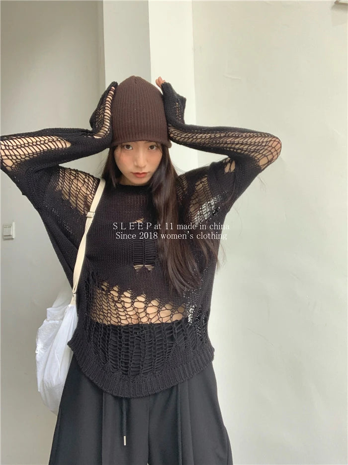 Karrram Gothic Hollow Out Sweater Hole See Through Oversized Knitted Pullovers Emo Streetwear Grunge Clothes Y2k Tops Spring