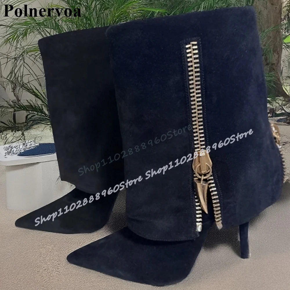 Gray Mid Calf Fold Over Metal Zipper Pointy Boots Suede Thin High Heel Shoes For Women Pointed Toe Trending Zapatos Para Mujere
