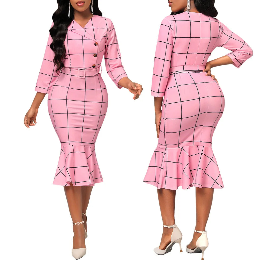 Sexy fashion solid color seven-quarter sleeve small V-neck women's dress SMR12189