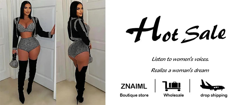 Znaiml Luxury Black Rhinestone Outfits Women Jacket Bra Crop Top and Shorts 3 Pieces Set Elegant Birthday Night Club Prom Suits