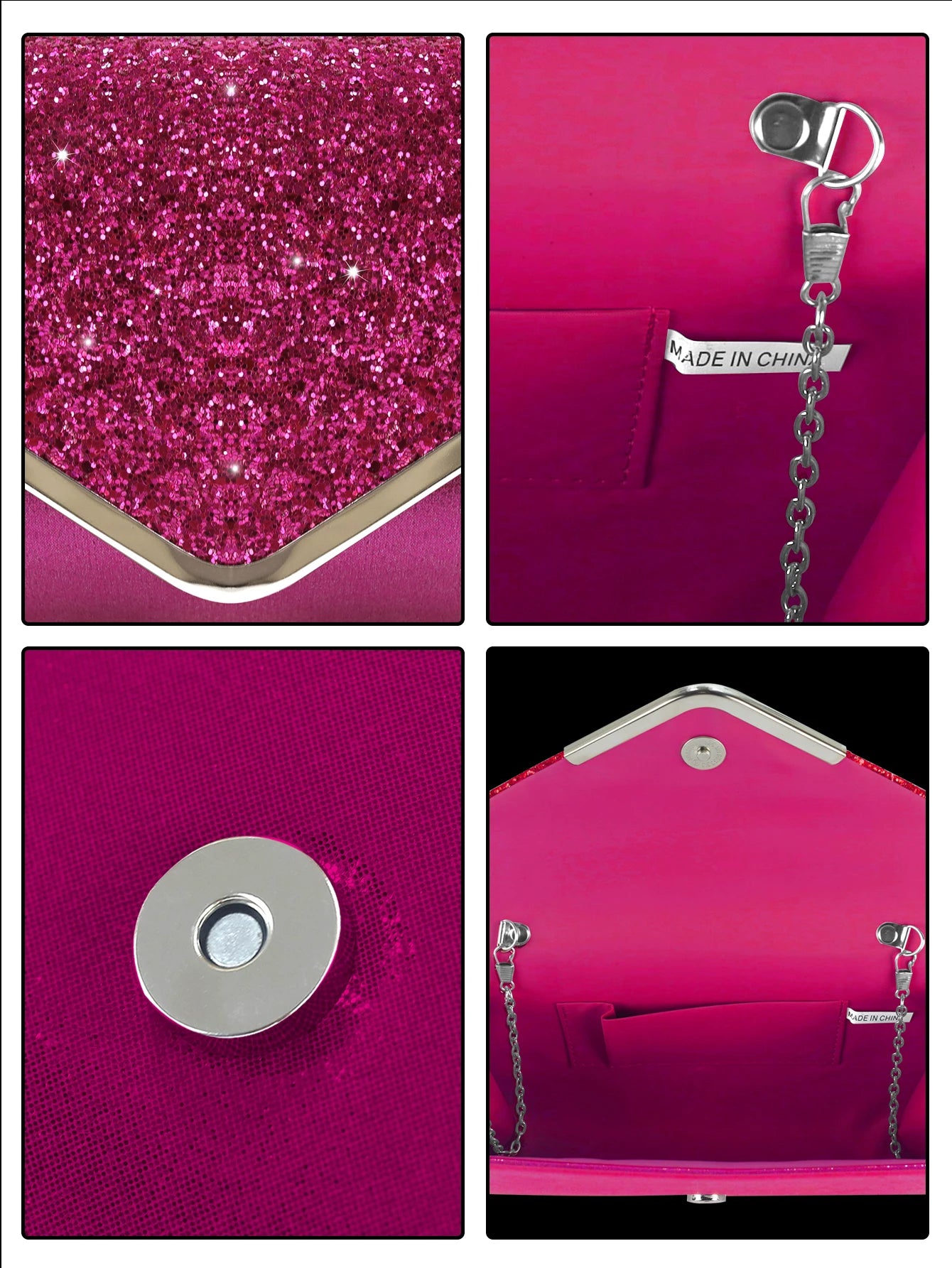 Sparkling and luxurious sequined evening clutch for women, paired with a gorgeous rhinestone necklace, earrings and bracelet set