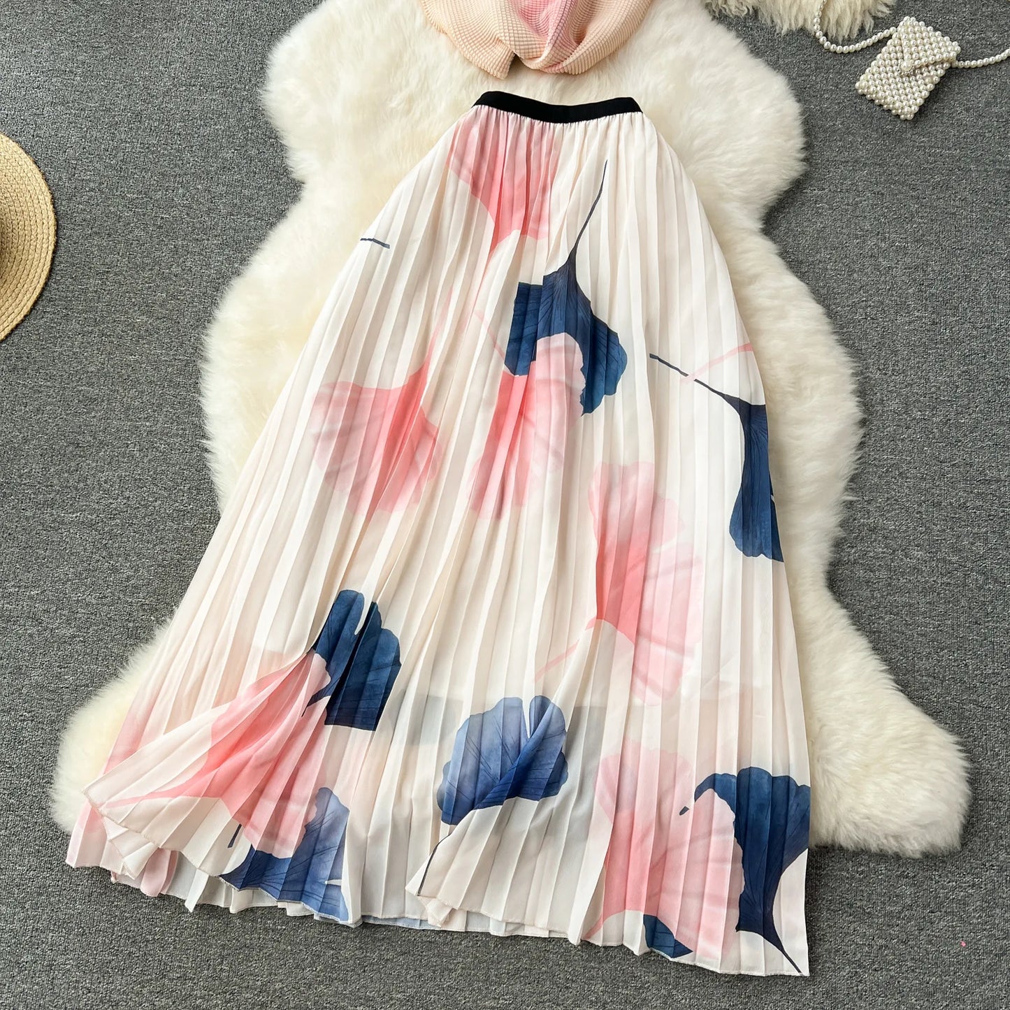Summer Contrast Color Miyake 2 Pieces Set Women's Short Sleeve High Stretch Pullover Shirt Top+Long Pleated Chiffon Skirt Suit