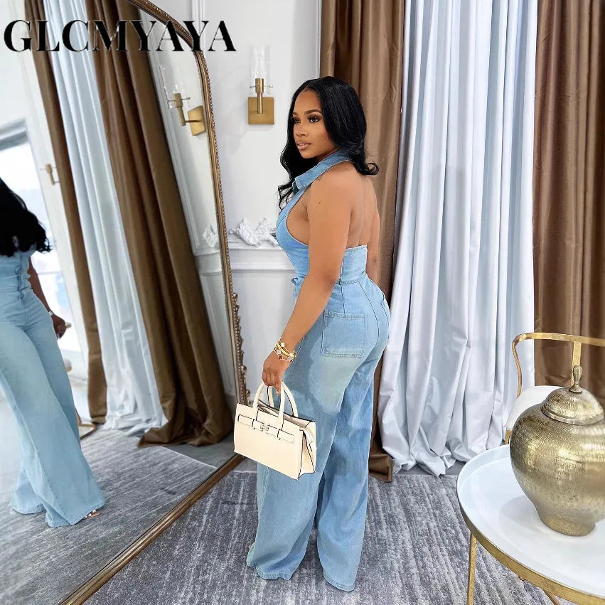 CM.YAYA Women Denim Sleeveless Single Breasted Wide Leg Jeans Jumpsuit Halter Neck Backless 2025 Summer One Piece Suit Playsuits