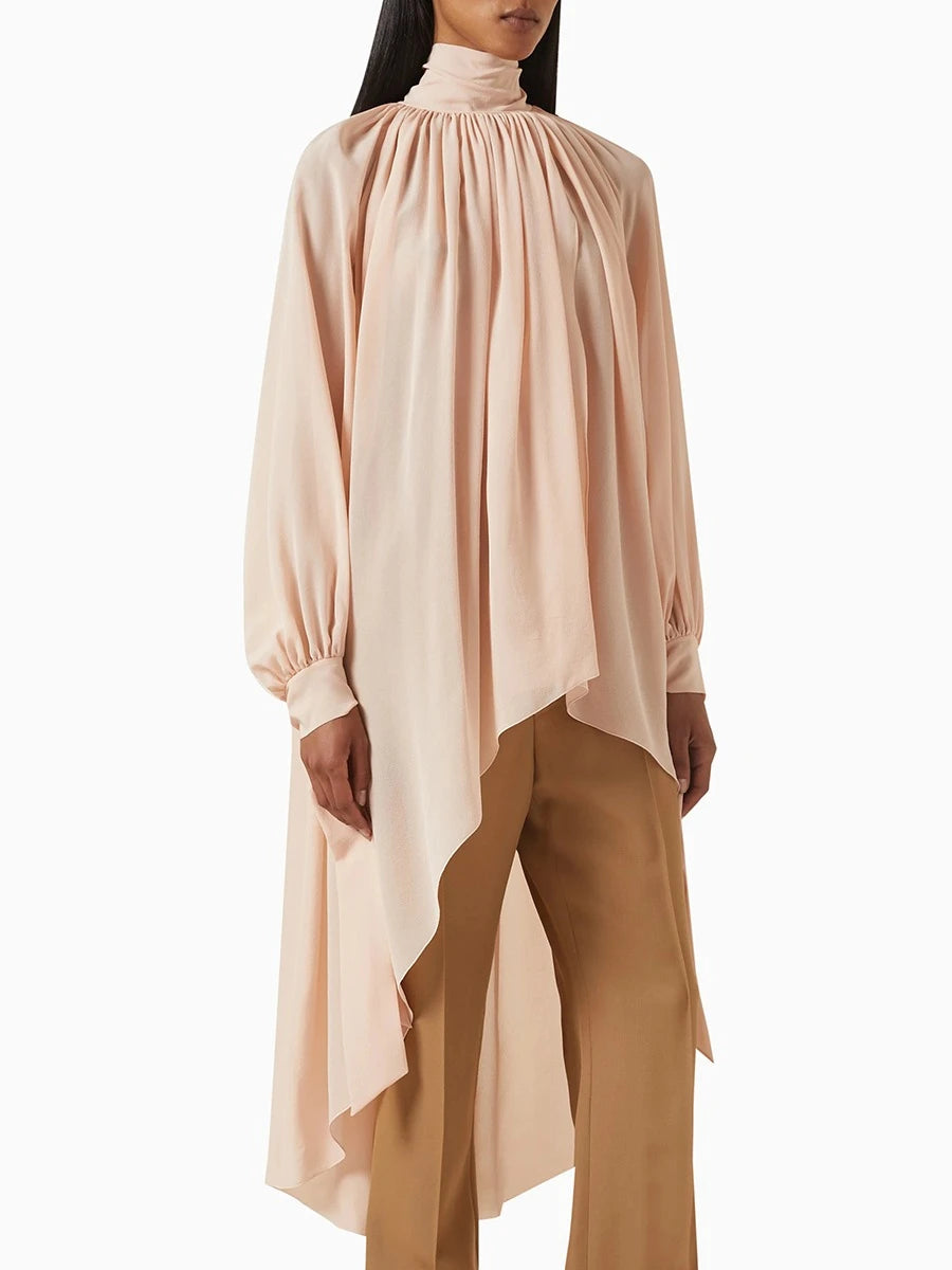 TWOTWINSTYLE Solid Loose Sheer Spliced Folds Fashion Blouses for Women High Neck Long Sleeves Irregular Blouse Female Clothing