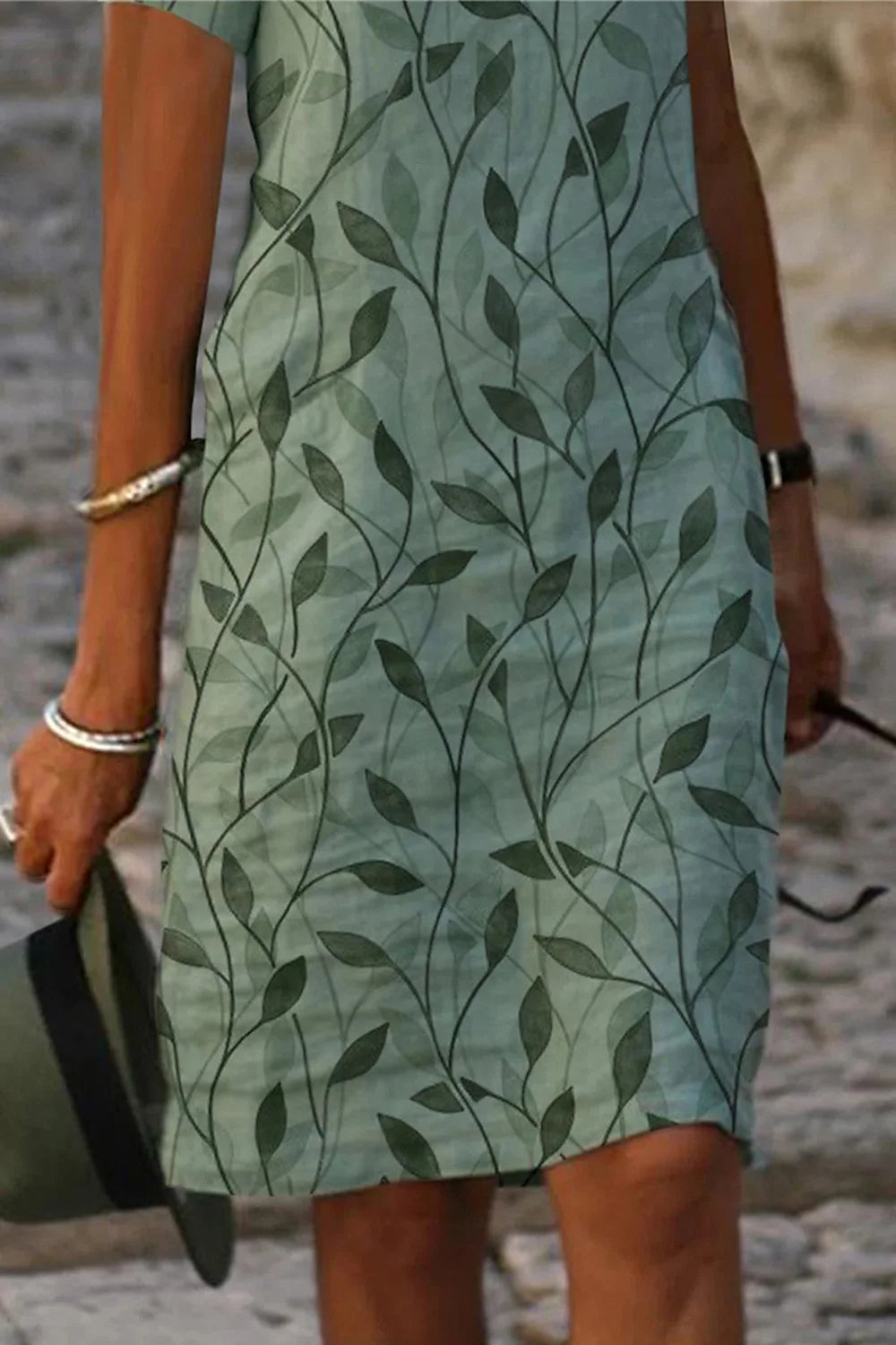 Flycurvy Plus Size Casual Green Cotton And Linen Leaf Print Split Neck Midi Dress