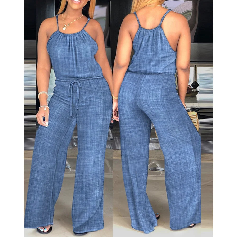 Women Solid Color Round Neck Wide Leg Straight Overalls Summer Spaghetti Strap Drawstring Waist Casual Black Jumpsuits