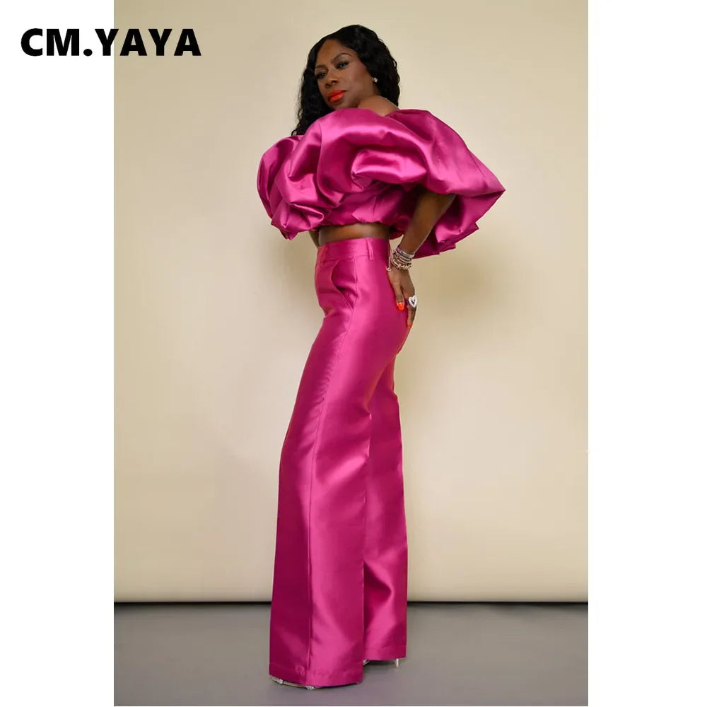 CM.YAYA Fashion Satin Women's Set Butterfly Sleeve Crop Top and Wide Leg Pants Suit 2024 Party Club Even Two 2 Piece Sets Outfit