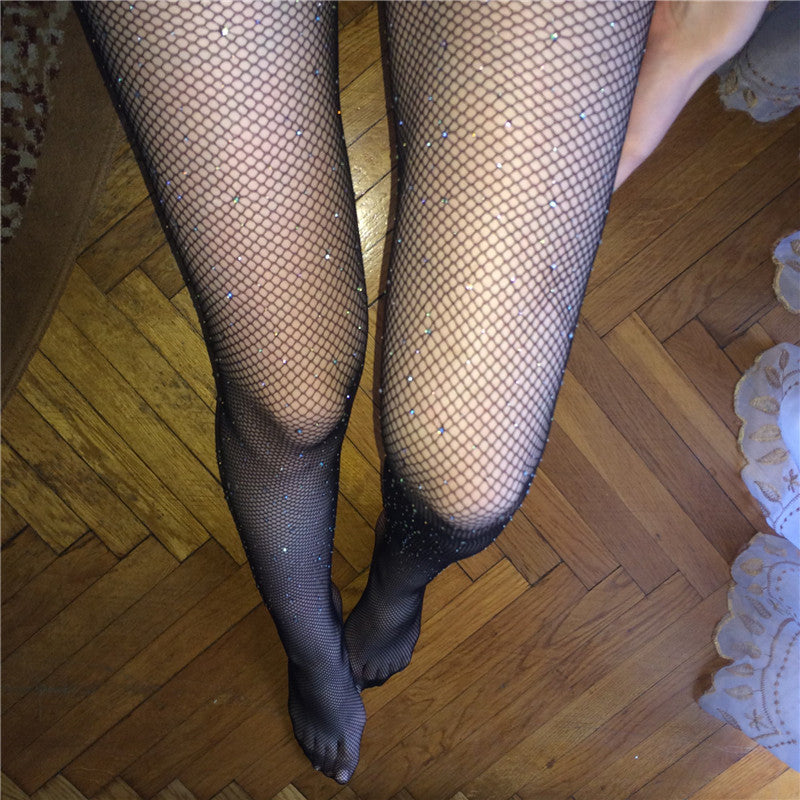 Women's Sexy Crystal Bling Stockings Rhinestone Fishnet Flash Mesh Ladies Skinny Sequins Pantyhose for Female Night Clubwear