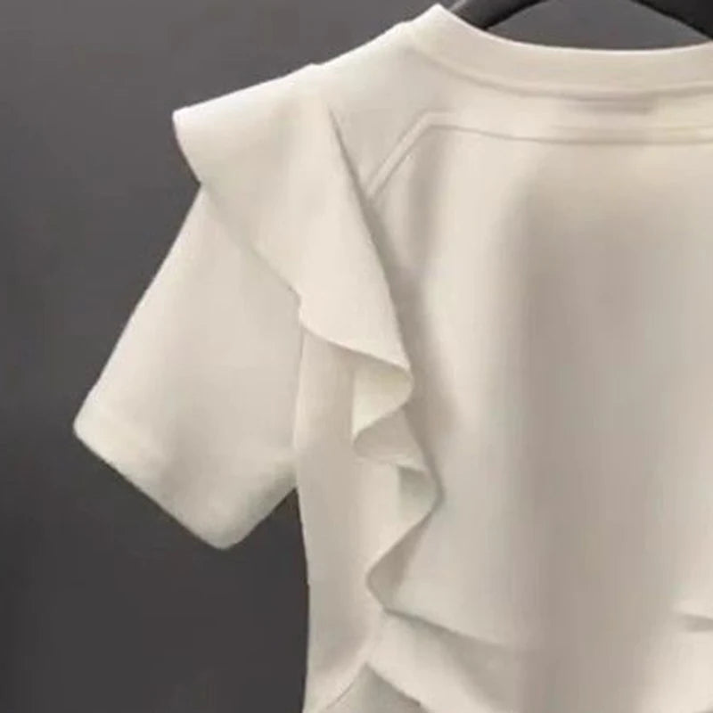 French style fashion ruffled three-dimensional disc color block T-shirt short sleeve women's summer new patchwork casual top