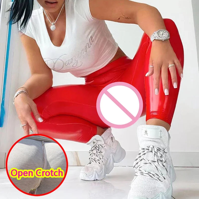 Women High Waist Open Crotch Leather Leggings Outdoor Sex PU Pencil Pant Double Zipper Seamless Faux Latex Slim Club Butt Lifter