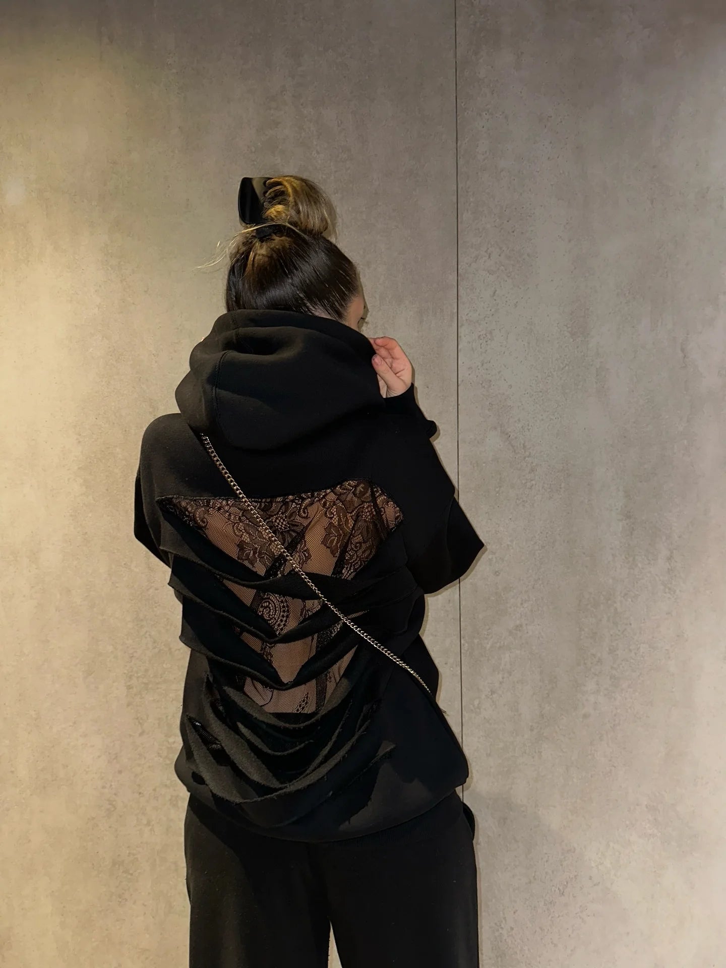 American Y2K Harajuku Gothic Lace Back Hollow Hoodie Womens Black Loose Pullover Hoodie Fashion Translucent Jacket