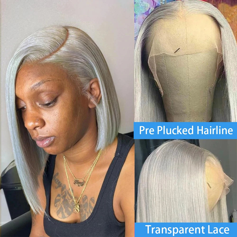 Silver Grey Straight Bob Human Hair Wigs Gray 13x4 Transparent Lace Front Short Bob Short Wigs Human Hair For Women Preplucked