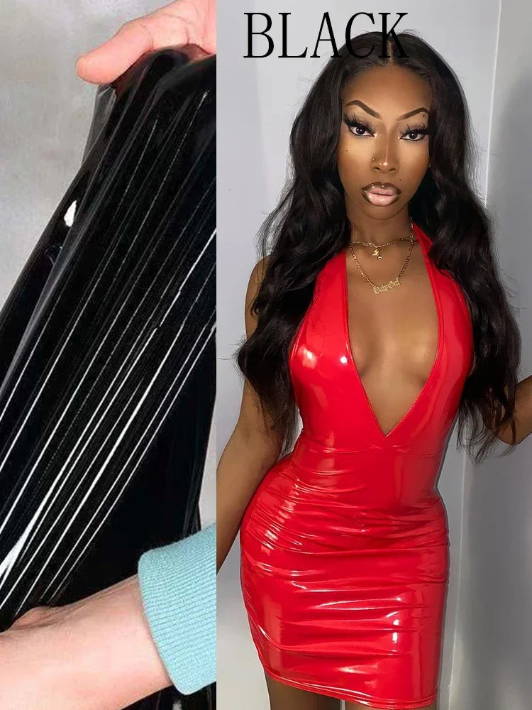Sexy V Neck Patent Leather Dress Women Sleeveless Faux Latex Tank Dress Party Ladies Backless PVC Bodycon Dress Custom Clubwewar