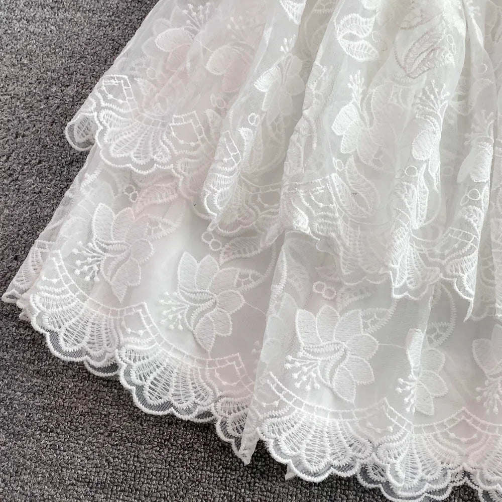 Vintage Elegant Lapel Single-Breasted White Embroidery Puff Sleeve A- Line Cake Dress Cross-Border Summer 2022