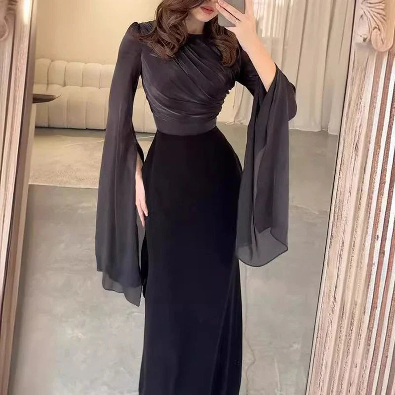 Women's Spring Solid Spliced Satin Maxi Dress Sexy O Neck Slim Bodycon Hip Long Dress Summer Batwing Sleeve Hollow Evening Dress