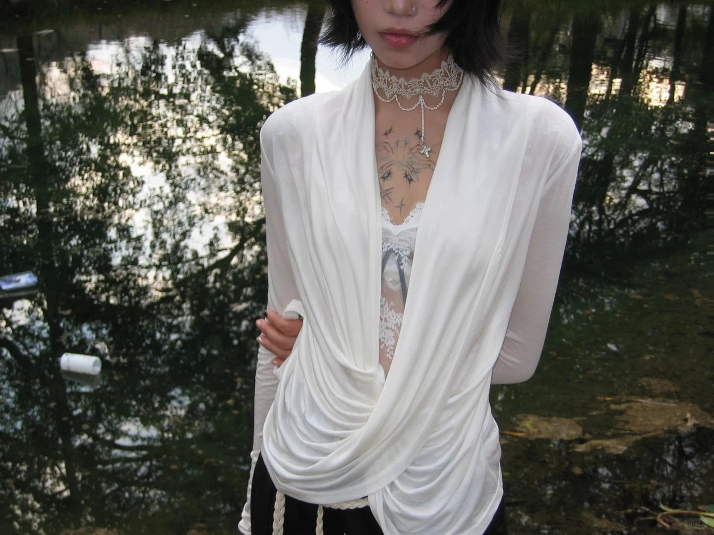 Karrram Japanese Y2k Cross Tops Trashy 2000s Style V-neck Long Sleeve T-shirt Vintage Harajuku White Irregular Tops American 90s