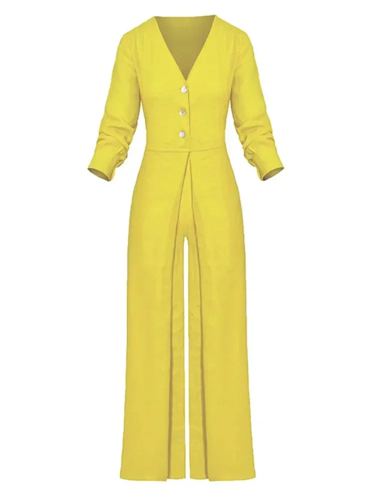 BeautyBlue Jumpsuits for Women V-neck Overalls 2025 New Elegant High Waisted Buttoned Pockets Solid Color Office Jumpsuit Female
