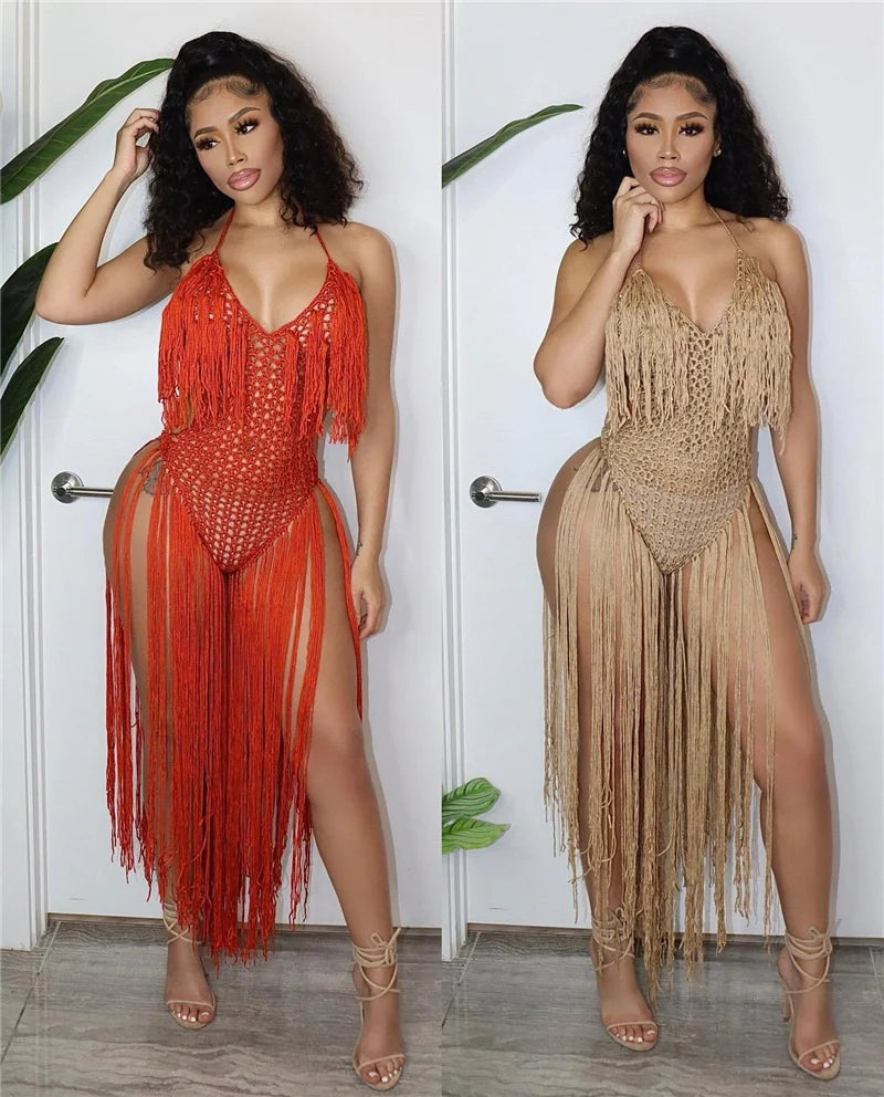 Sexy Crochet Knitted Beach Summer Dress Women Halter V-neck Tassel Backless Maxi Dress Vacation Sheer Long Dresses Swimsuit 2022