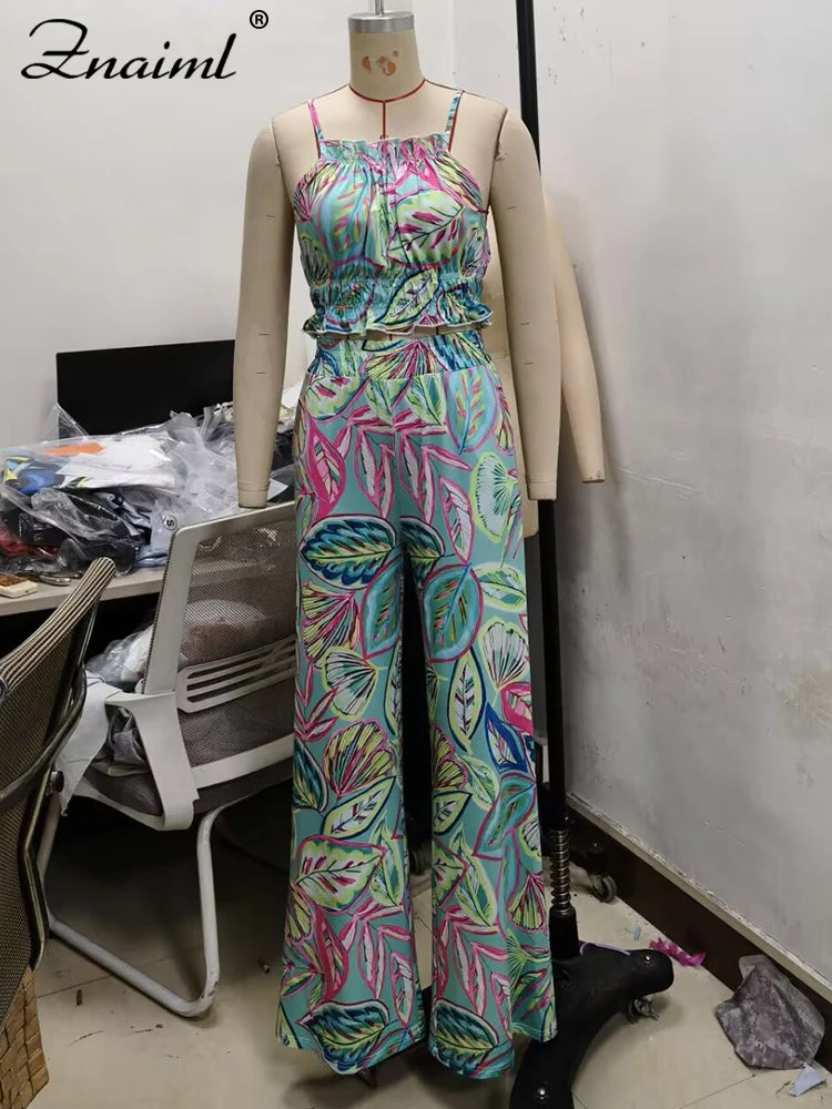 Znaiml Summer Vacation Halter Backless Crop Top and Wide Leg Pants Woman Floral Print Two Piece Set Boho Beach Club Outfits 2025