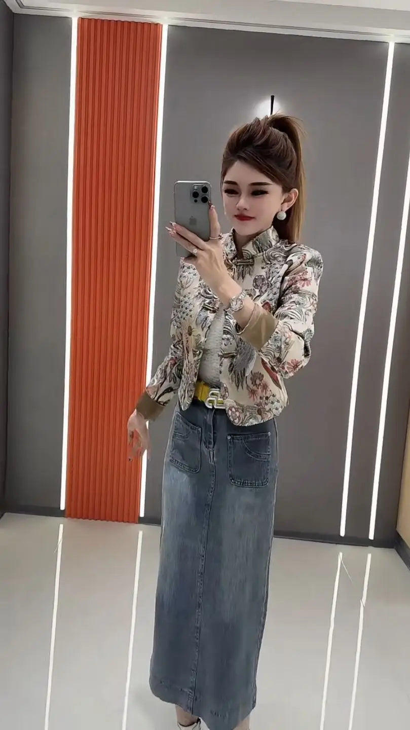 Women Print Coat 2025 Spring New Retro Chinese Printed Splicing Plate Buckle Stand Collar Long Sleeve Short Jacket Women
