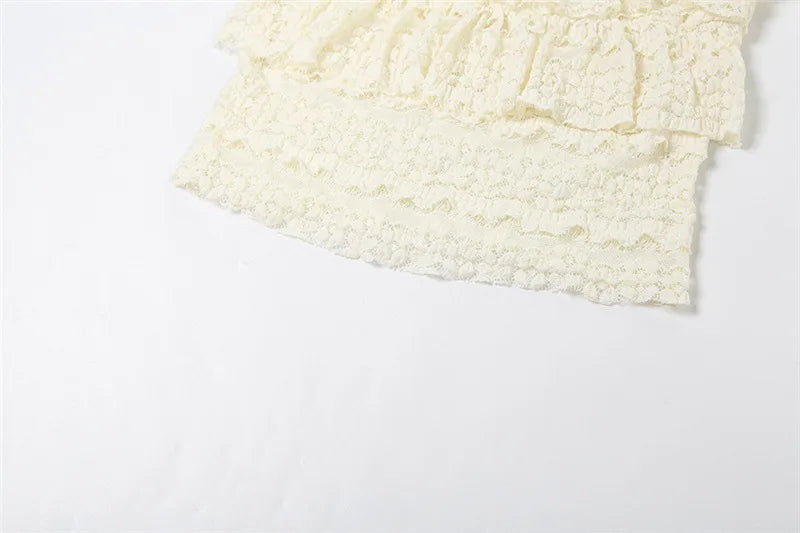 Two Piece Women Crop Top And Mini Skirt Matching Set 2024 New Summer Fashion Sexy White Lace Ruffle Ruched Skirts Outfits