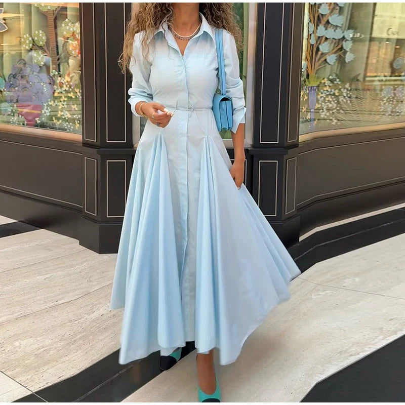 Solid Women's Casual Pleated Long Dress Fashion Lapel Full Sleeve Button Maxi Dress Lady 2025 Early Autumn Chic Street Robes