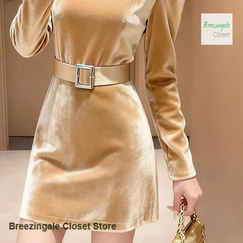 Yellow Velvet Mini Dress With Long Sleeves For Women