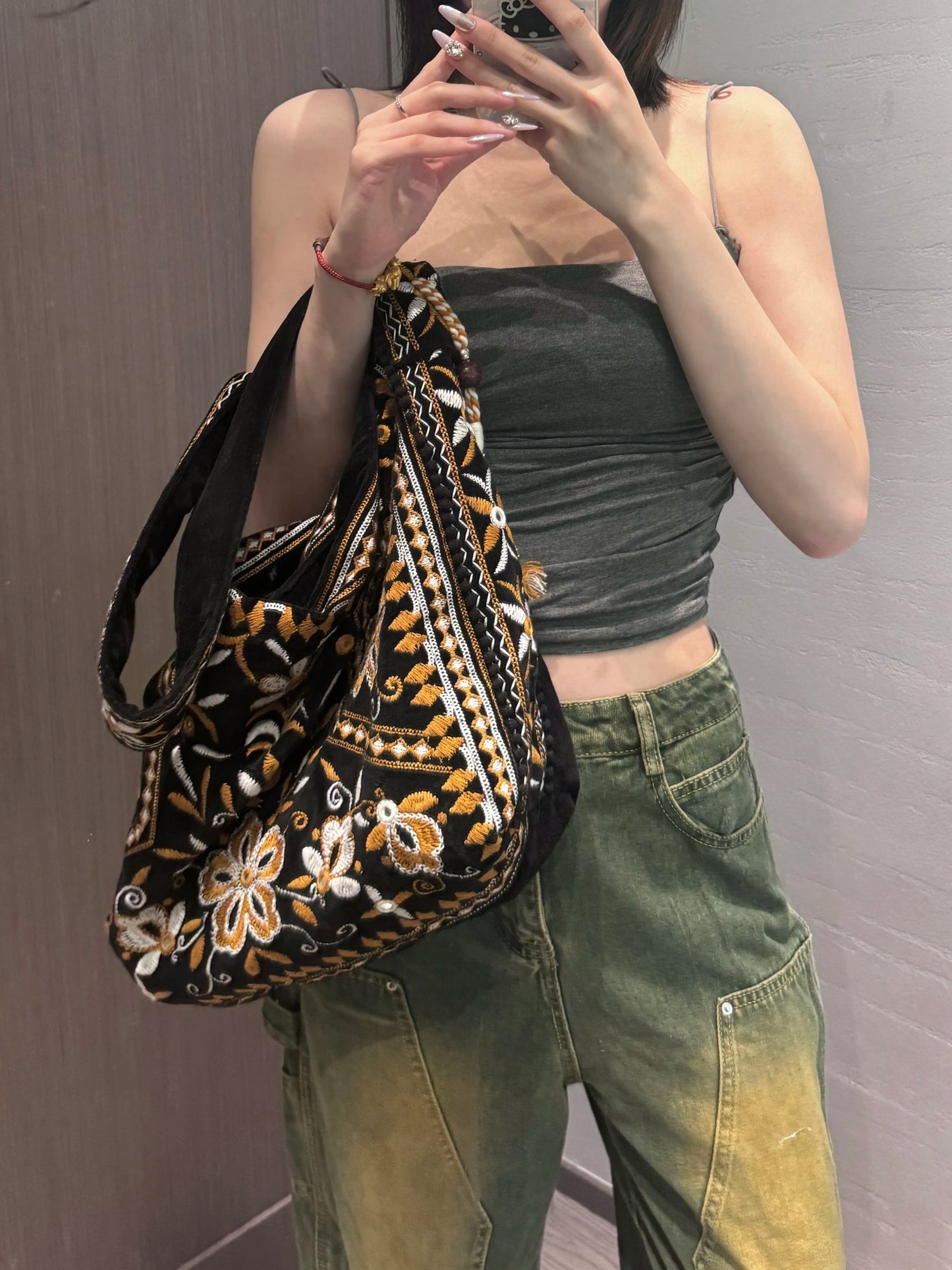 High Quality Original Design Velvet Embroidery Fringe Cloth Bag Shoulder Large Capacity Cross Body Tote Bags for Women