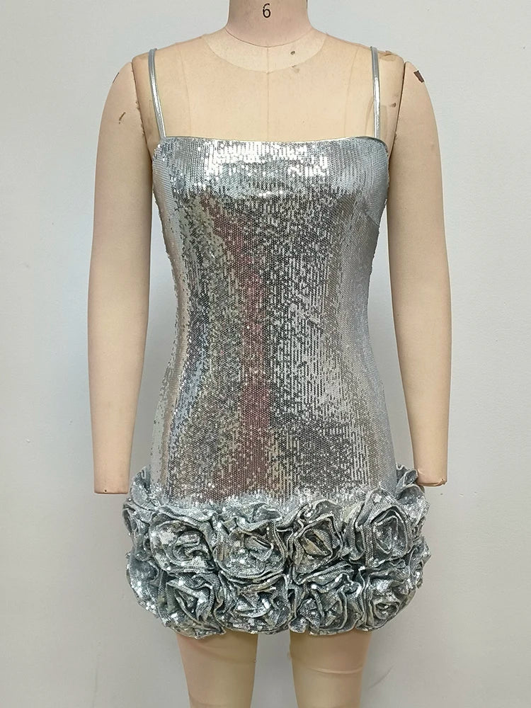 Glamorous Women's Silver Sequin Spaghetti Slip Mini Dress with Ruffled Hem Shiny Flower Party Night Club and Special Occasion